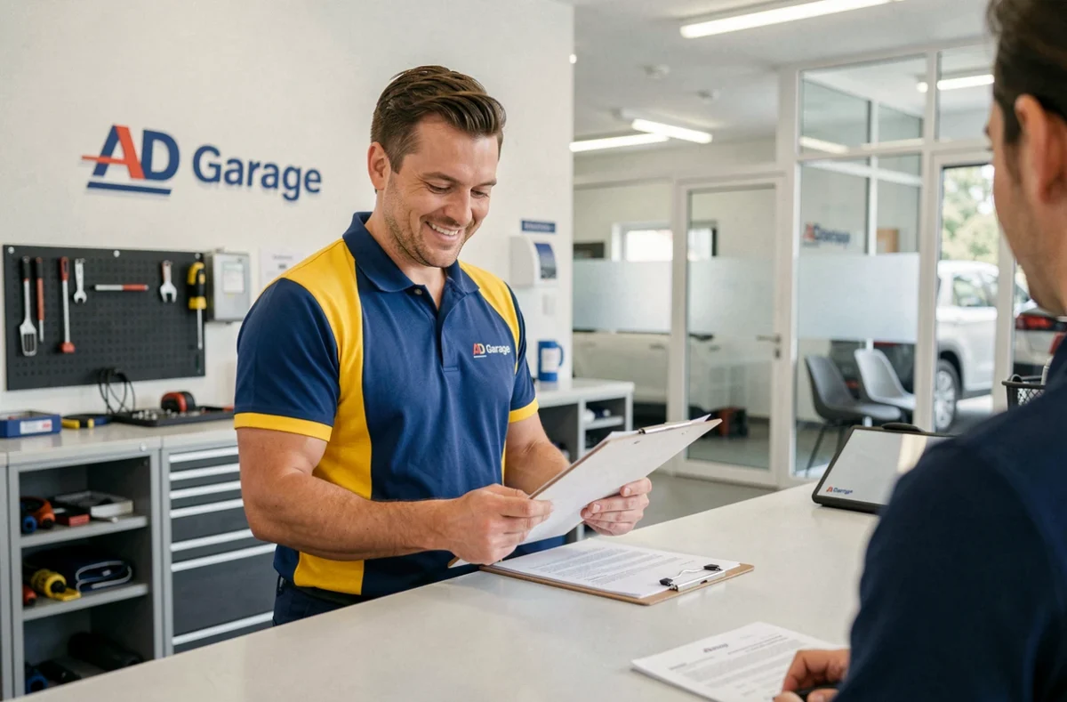 Mécanicien de l'AD Garage Pardon à Annecy présentant un rapport d'inspection à un client au comptoir d'accueil