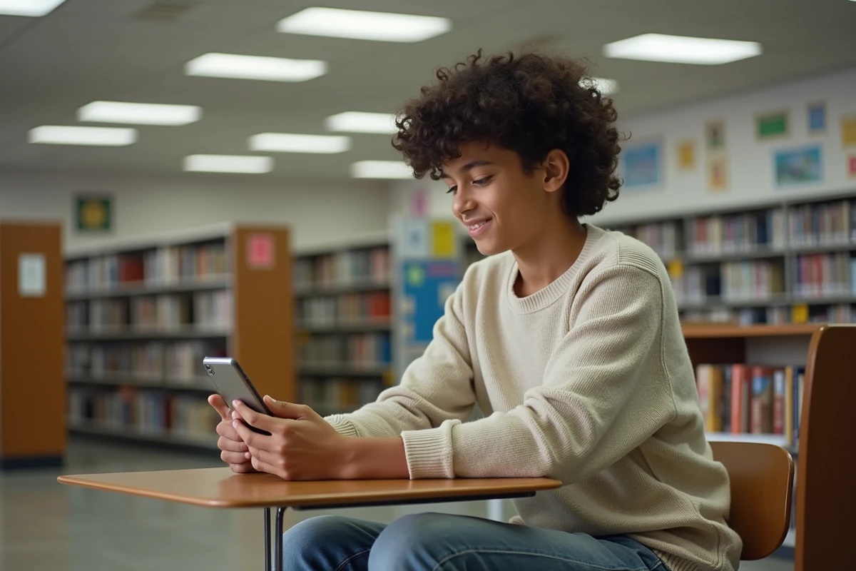 Adolescent souriant utilisant un smartphone à la bibliothèque