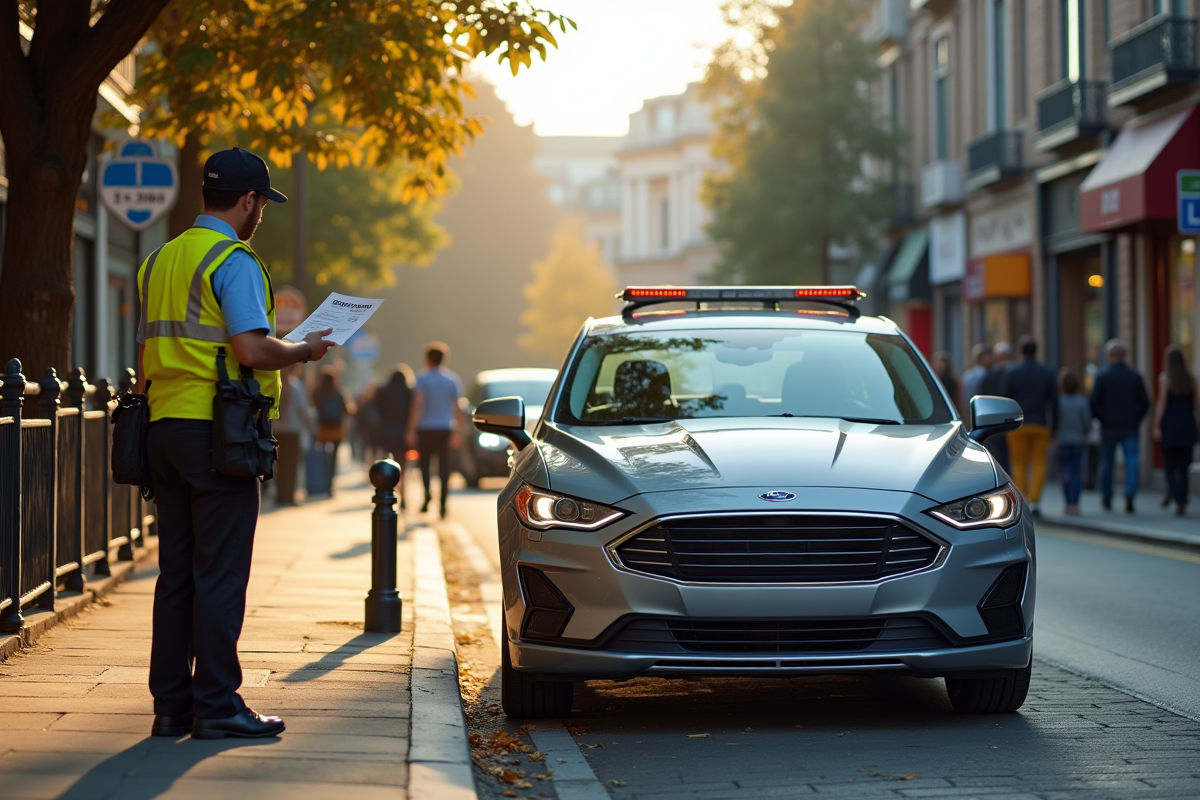 Agent de stationnement donnant une contravention dans une rue animée