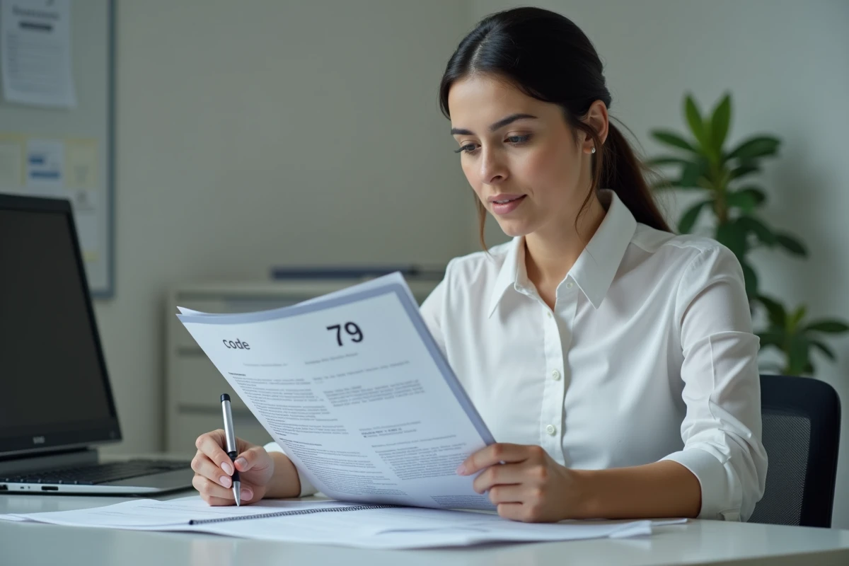 Agente administrative examinant un dossier de permis de conduire avec restriction de code 79 dans un bureau officiel
