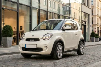 Aixam Crossover neuf garé devant une concession automobile en milieu urbain