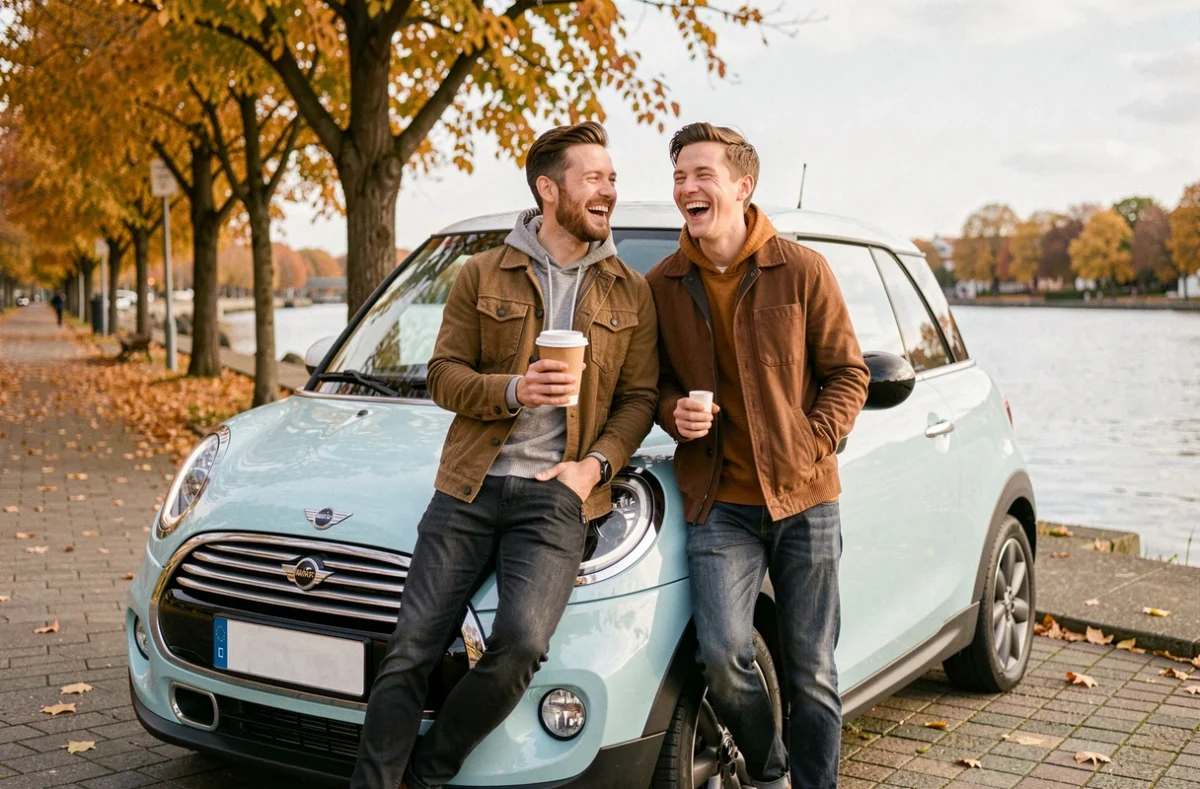 Deux amis souriants appuyés contre une voiture sans permis bleu pastel de style Mini Cooper sur un bord de mer en automne