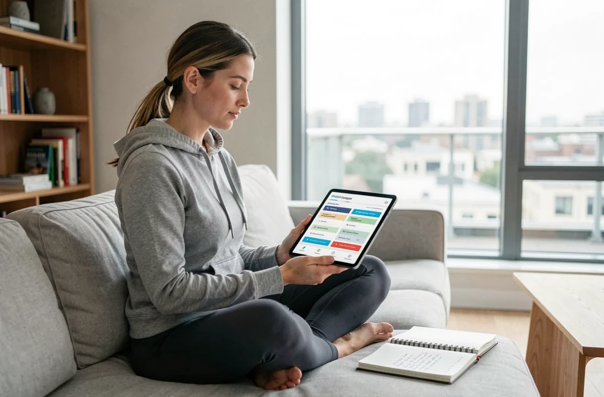 Jeune femme analysant un comparatif de garanties assurance scooter Klian sur tablette
