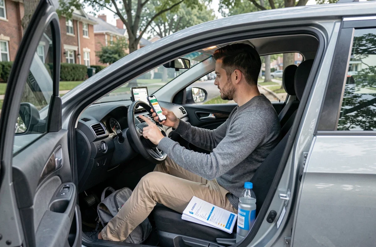 Homme consultant une application de comparaison de prix de carburant dans sa voiture avant de partir en road trip