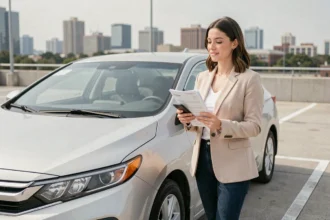 Femme tenant des documents d'assurance voiture hybride devant sa berline hybride argentée dans un parking urbain