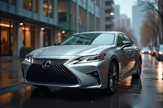 Berline premium Lexus ES garée dans une rue urbaine sous la pluie, illustrant le luxe et la fiabilité des marques automobiles asiatiques haut de gamme