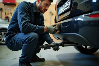 Technicien automobile branchant une prise remorque 7 broches sur un SUV dans un garage