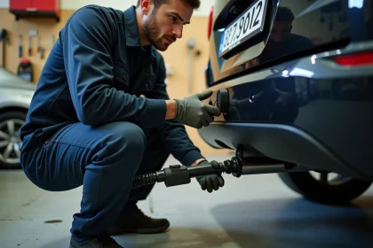 Technicien automobile branchant une prise remorque 7 broches sur un SUV dans un garage