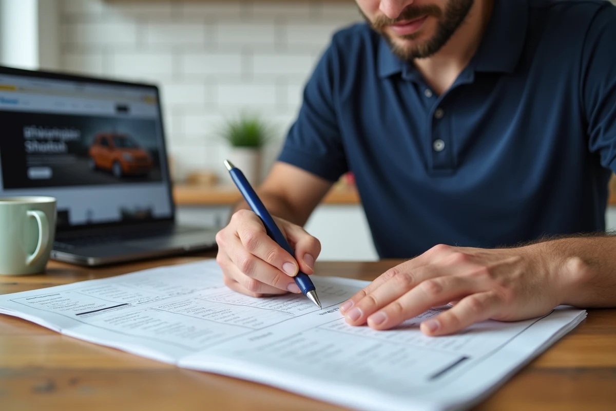 Homme annotant des questions de permis B imprimées en PDF à la table de cuisine