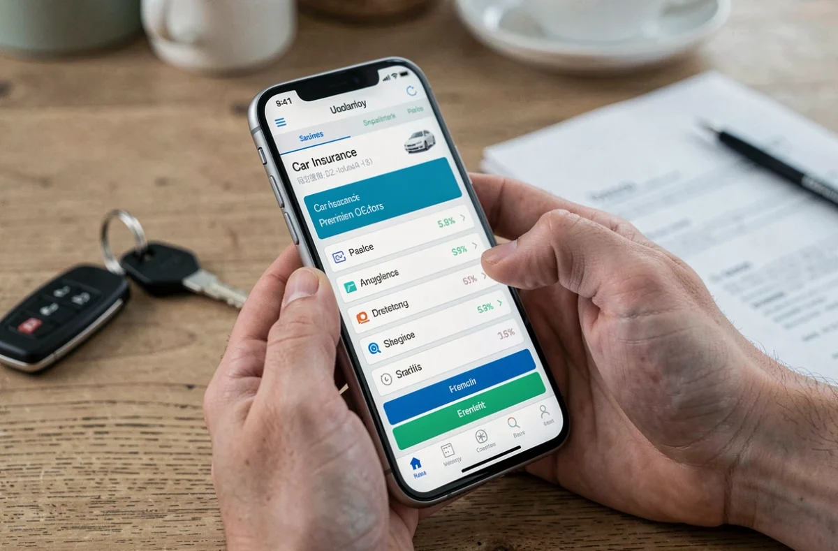 Main masculine utilisant une application de calcul de tarif d'assurance auto sur smartphone posé sur une table en bois