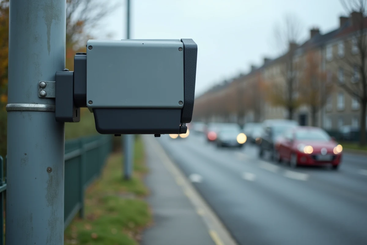 Caméra de contrôle automatisé des vignettes Crit'Air installée sur un poteau en zone urbaine à Rennes