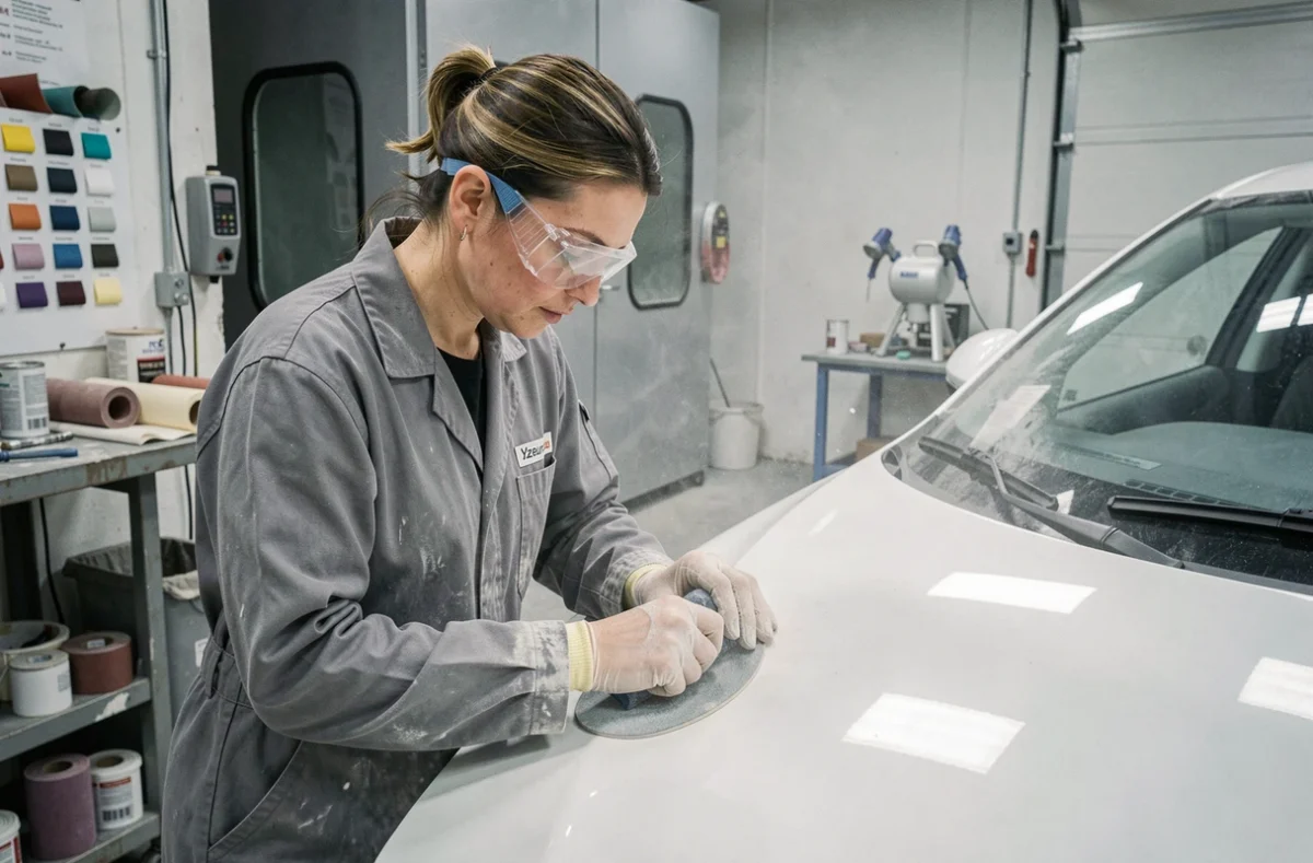 Technicienne de la Carrosserie Silvano à Yzeure travaillant sur la réparation d'un panneau de carrosserie
