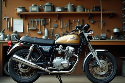 Honda CB 900 Boldor partiellement démontée dans un atelier moto avec pièces détachées d'origine posées sur un établi en bois