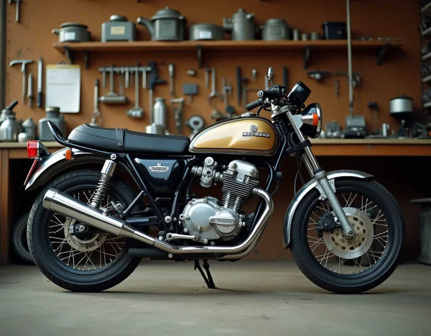 Honda CB 900 Boldor partiellement démontée dans un atelier moto avec pièces détachées d'origine posées sur un établi en bois
