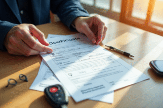 Certificat d'immatriculation français tenu par une personne sur un bureau