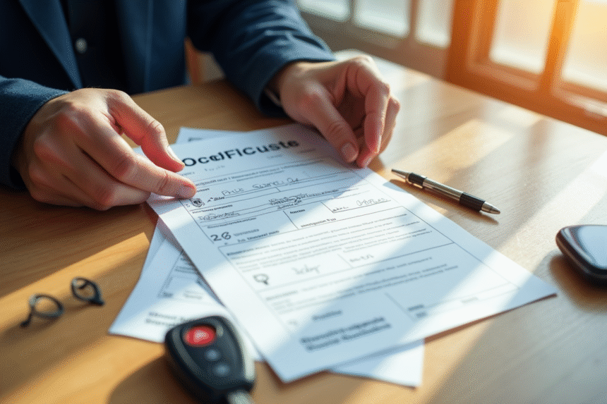 Certificat d'immatriculation français tenu par une personne sur un bureau