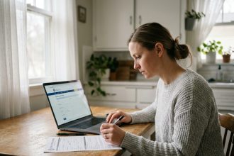 Femme effectuant un changement de titulaire de carte grise en ligne depuis son domicile sur un ordinateur portable