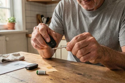 Homme changeant la pile d'une télécommande de clé Renault Clio 4 avec un tournevis plat sur une table de cuisine