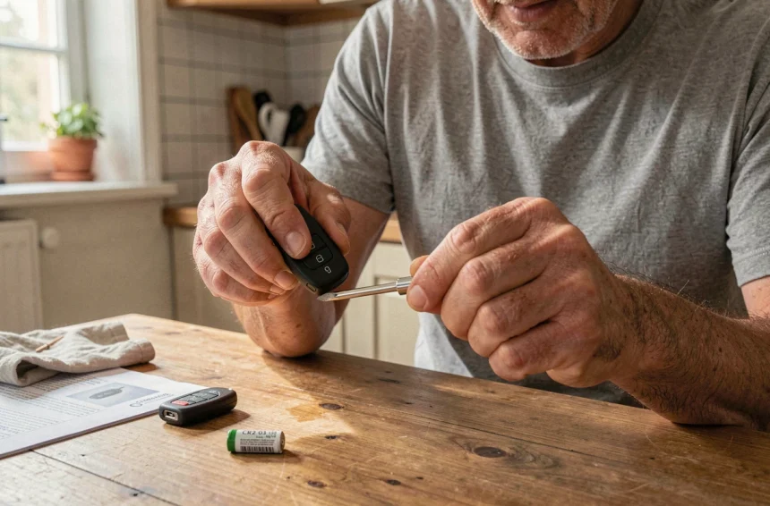 Homme changeant la pile d'une télécommande de clé Renault Clio 4 avec un tournevis plat sur une table de cuisine