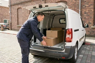 Livreur chargeant des cartons dans un Citroën Dispatch L1H1 garé en zone de livraison urbaine