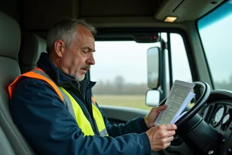 Chauffeur de poids lourd examinant son permis de conduire avec code 79 dans la cabine d'un camion semi-remorque