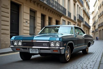 Chevrolet Impala 1967 4 portes bleue métallique garée dans une rue pavée parisienne avec architecture haussmannienne en arrière-plan