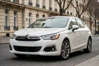 Citroën C4 blanche en finition haut de gamme garée dans une rue urbaine parisienne, vue en angle avant 3/4
