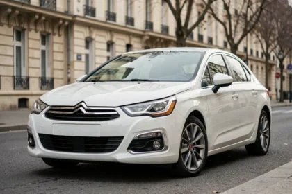 Citroën C4 blanche en finition haut de gamme garée dans une rue urbaine parisienne, vue en angle avant 3/4