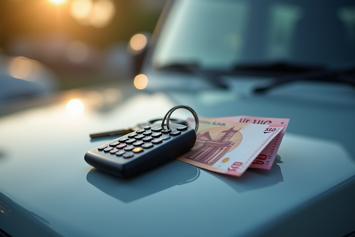 Clés de voiture une calculatrice et 500 euros en liquide