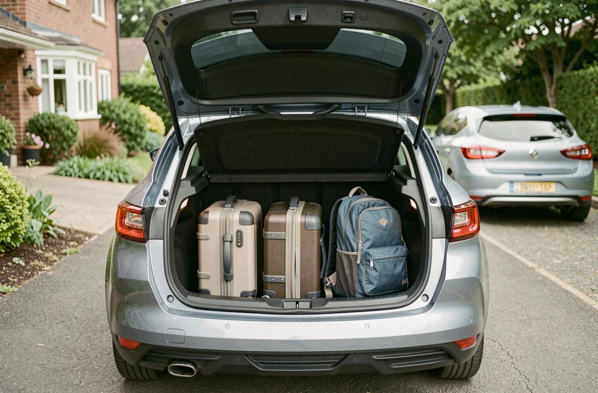 Coffre ouvert de la Renault Megane 2026 avec bagages illustrant le volume de chargement et l'espace de rangement disponible