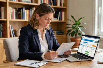 Femme comparant des offres d'assurance auto sur ordinateur portable dans un bureau à domicile à Avignon