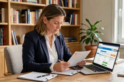 Femme comparant des offres d'assurance auto sur ordinateur portable dans un bureau à domicile à Avignon