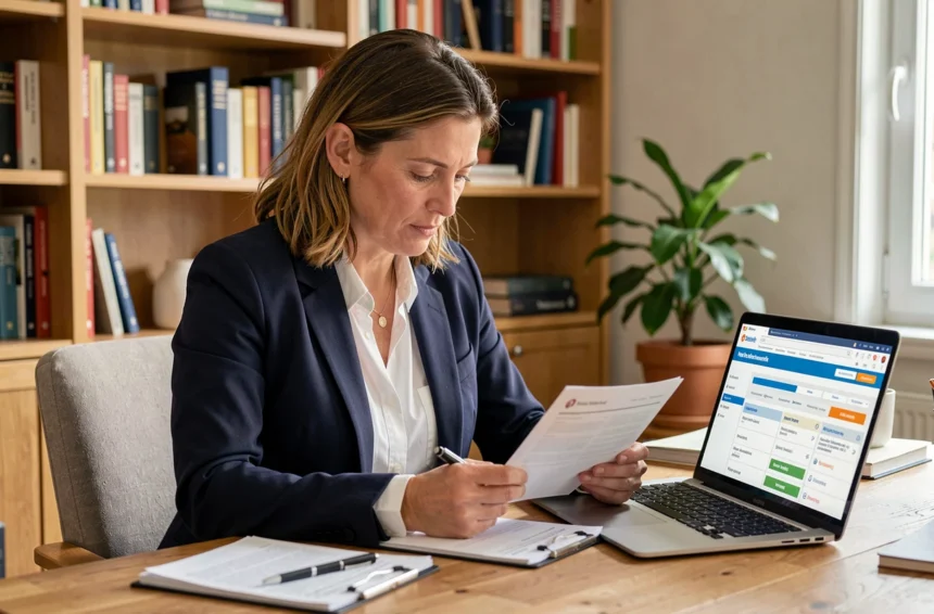 Femme comparant des offres d'assurance auto sur ordinateur portable dans un bureau à domicile à Avignon