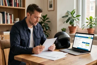 Homme comparant les offres d'assurance scooter Klian sur son ordinateur portable avec des documents papier