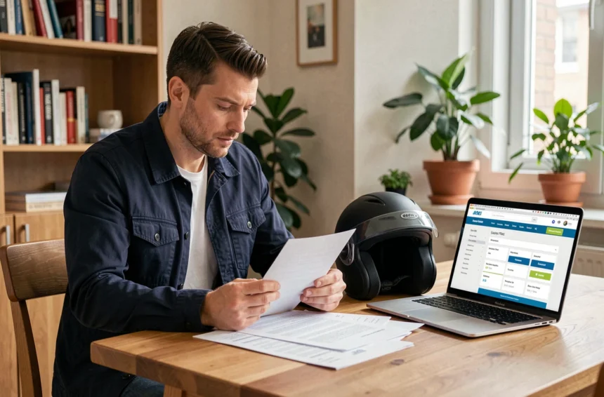 Homme comparant les offres d'assurance scooter Klian sur son ordinateur portable avec des documents papier