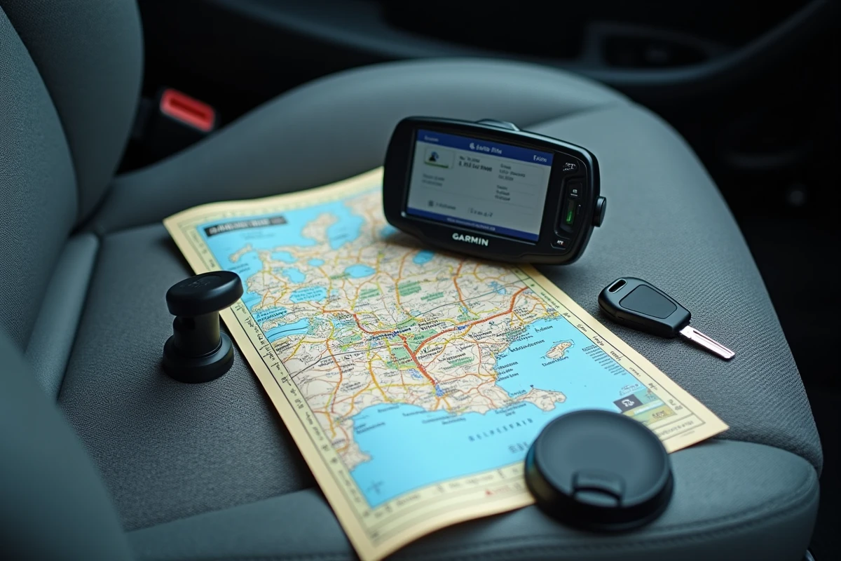 Vue de dessus d'une carte autoroutière papier, un GPS Garmin et un smartphone avec navigation posés sur le siège passager d'une voiture