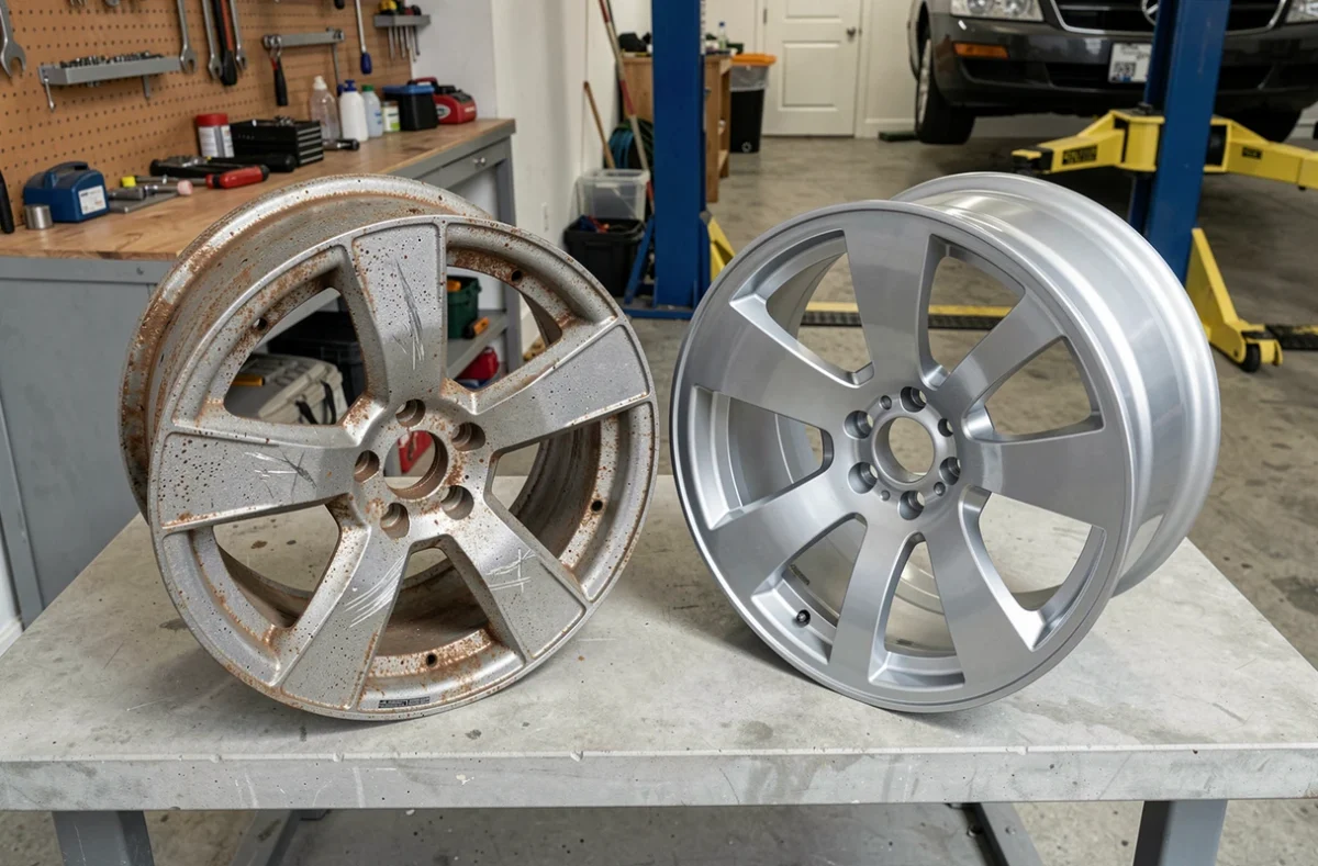 Comparaison entre une jante abîmée et une jante repeinte en aluminium sur un établi de garage