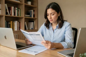Femme comparant des offres d'assurance auto sur des documents imprimés dans un bureau à domicile moderne