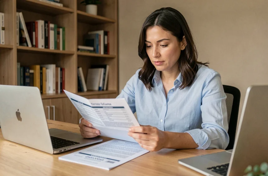Femme comparant des offres d'assurance auto sur des documents imprimés dans un bureau à domicile moderne