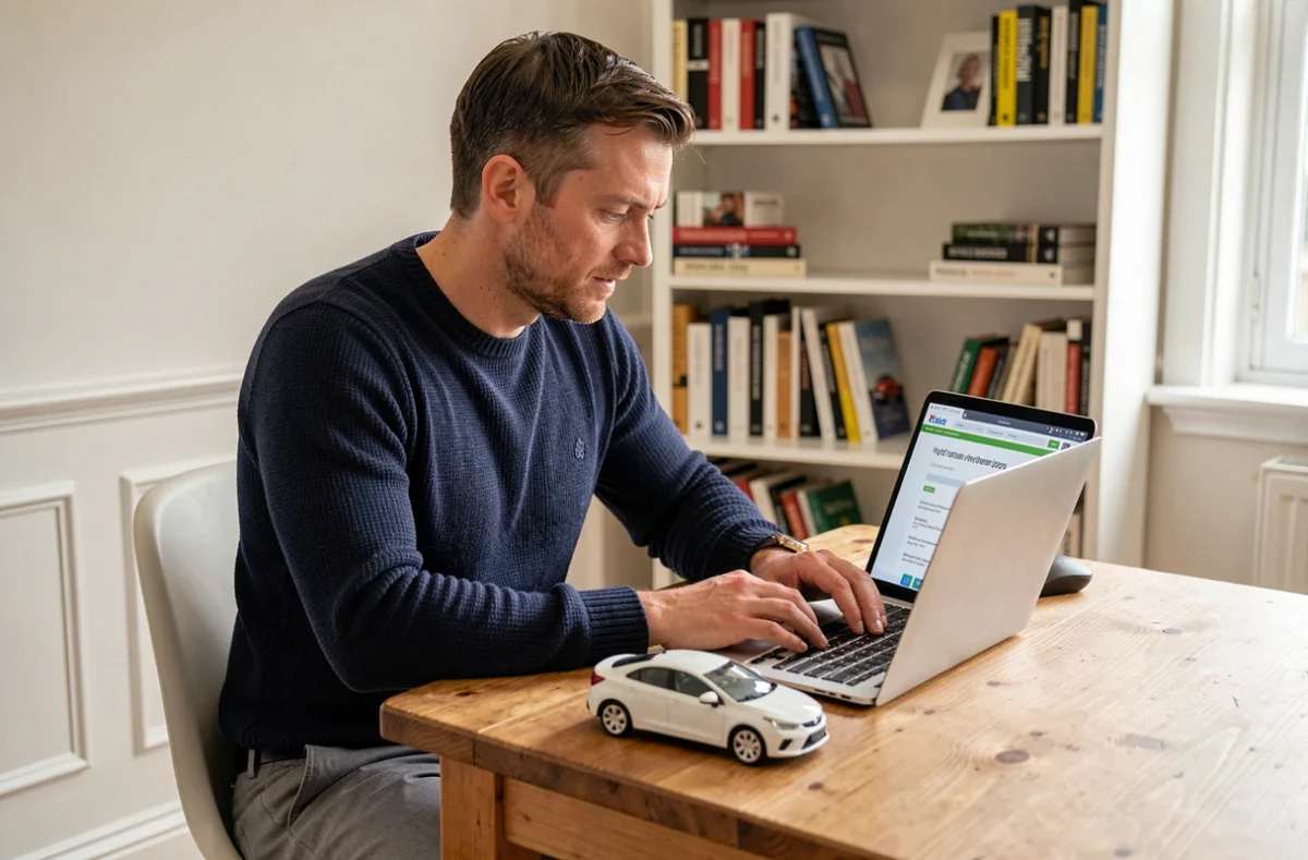 Homme comparant des tarifs d'assurance pour voiture hybride sur un ordinateur portable dans un bureau à domicile