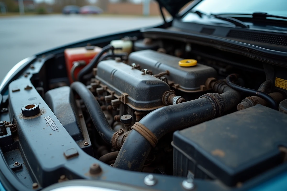 Vue rapprochée du compartiment moteur 2.0 HDi 90 sur une berline compacte à fort kilométrage