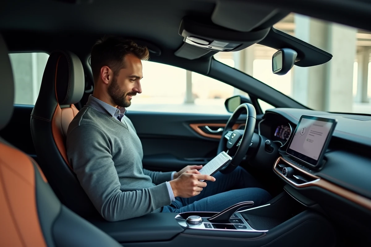 Conducteur consultant son assurance auto sur tablette depuis l'habitacle d'une Cupra Formentor