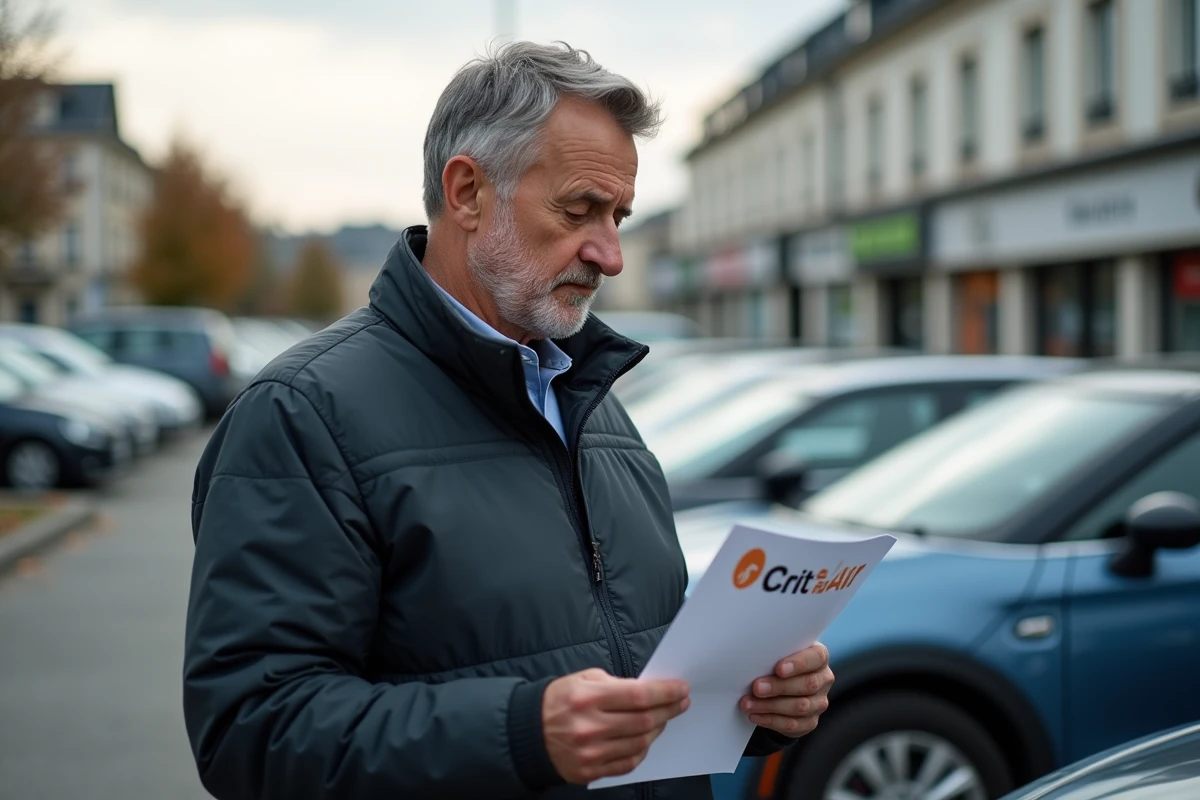 Homme tenant son certificat Crit'Air devant sa voiture dans un parking de Rennes, air préoccupé