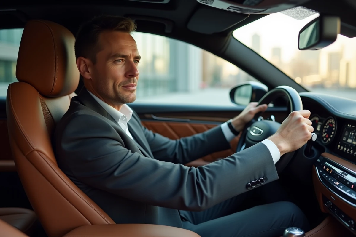 Conducteur professionnel au volant d'une Genesis G80, intérieur cuir haut de gamme représentant le confort des marques automobiles asiatiques premium pour grands rouleurs