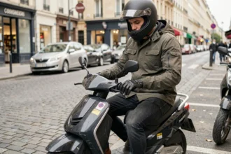 Jeune conducteur de scooter 50cc en ville vérifiant son téléphone près d'une zone de stationnement avec autocollants d'assurance visibles