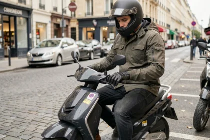 Jeune conducteur de scooter 50cc en ville vérifiant son téléphone près d'une zone de stationnement avec autocollants d'assurance visibles