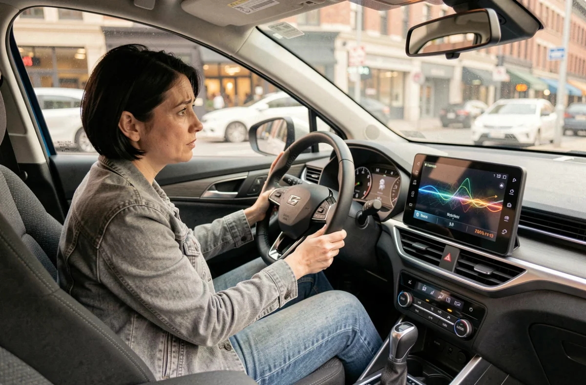 Conductrice consultant l'écran de gestion d'énergie d'une voiture hybride en ville