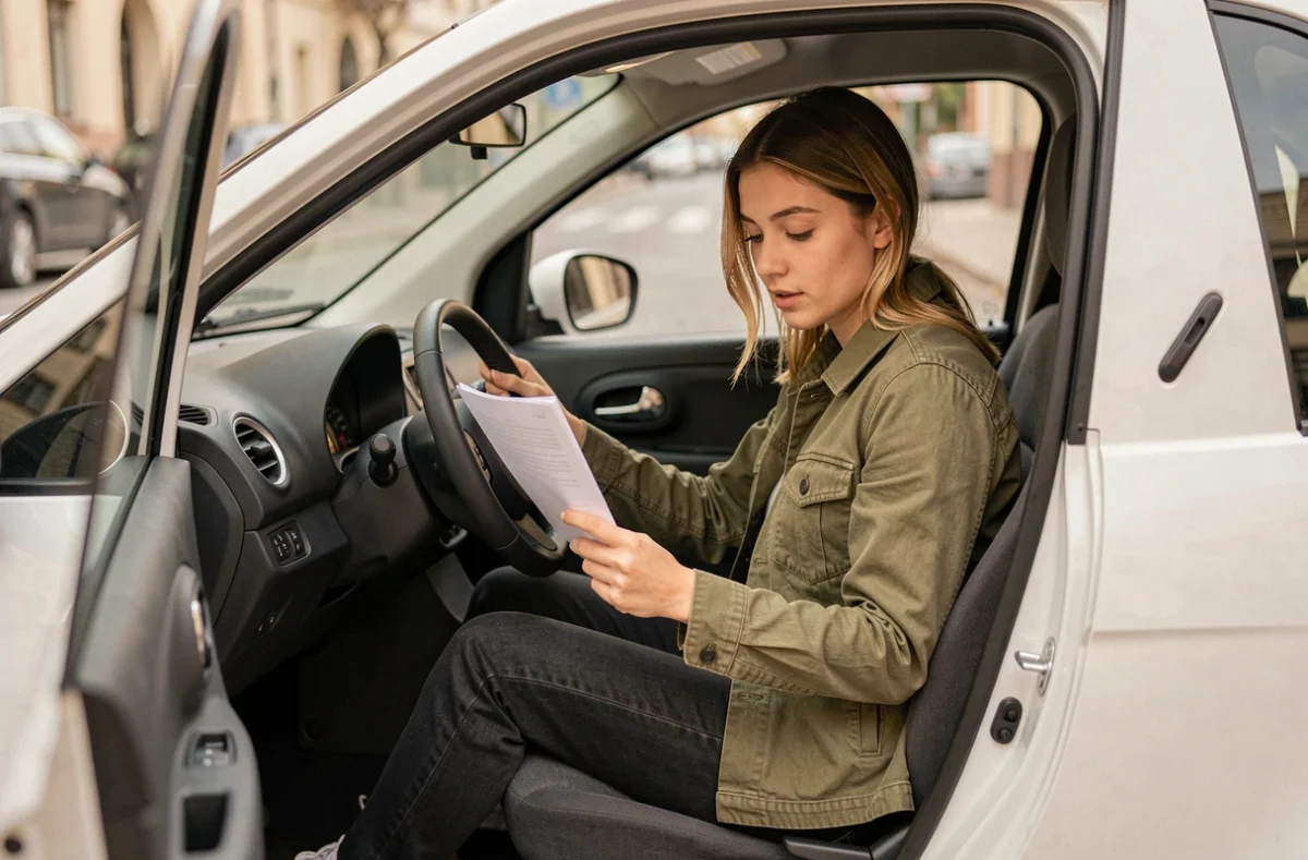 Jeune femme assise dans une voiture sans permis consultant un document, intérieur minimaliste et tableau de bord simple