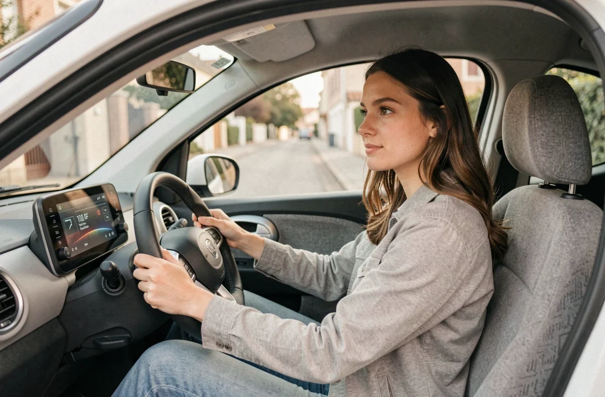 Jeune femme conduisant une voiture sans permis moderne sur une route suburbaine française, intérieur minimaliste et tableau de bord numérique