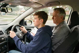 Jeune conducteur en conduite accompagnée avec un moniteur adulte dans une voiture compacte moderne, permis probatoire